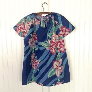 Vintage Blue Floral Hawiian Short Sleeve Blouse Loose Boxy Fit Drawstring Neck